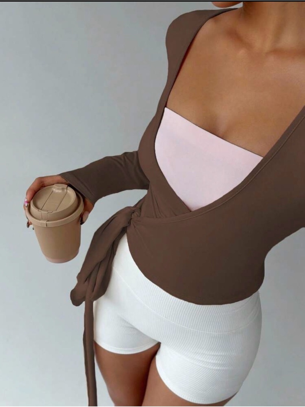 Brown Wrap-Front Long Sleeve Top